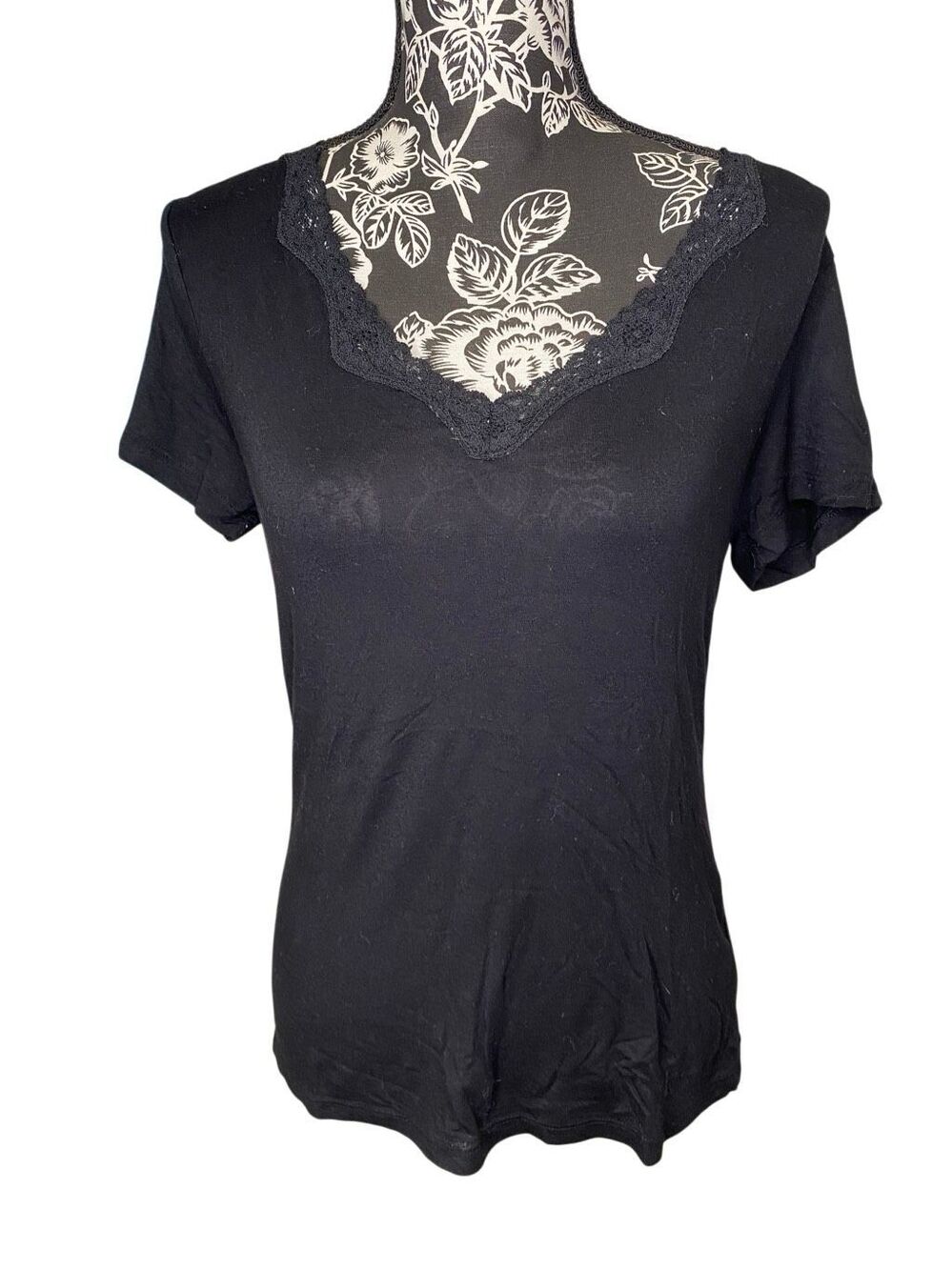 Adonna Black Modal Lace Trim V Neck Short Sleeve Stretch Casual T Shirt Top